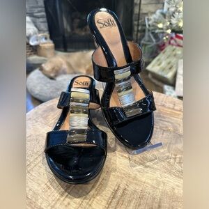 ⭐️⭐️ Sofft Anita Sandals 8M Wedge Slide Slip On Black Patent Leather Open Toe